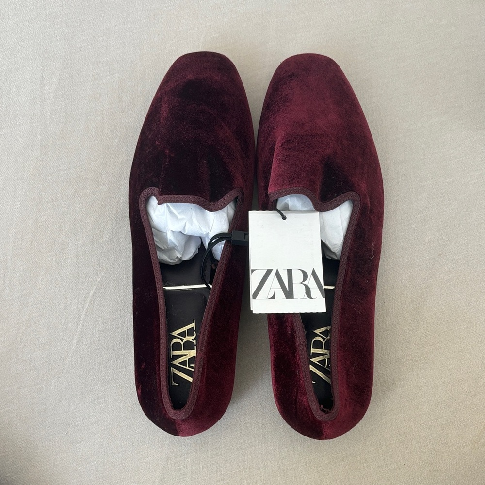 ZARA Burgundy Velvet Slip-On Loafers